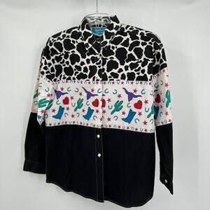 Southwest Canyon Womens Shirt Size M 90s Western Cow Print Rodeo Cactus‎ FLAW